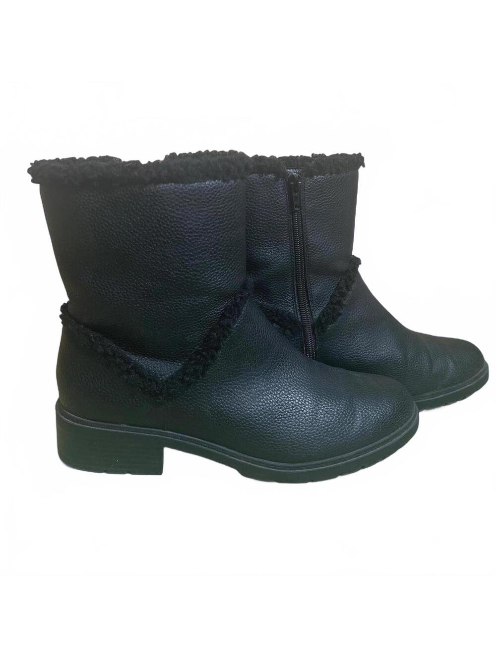 Anne Klein Womens Black Faux Leather Winter Ankle Boots with Faux Fur Trim, US